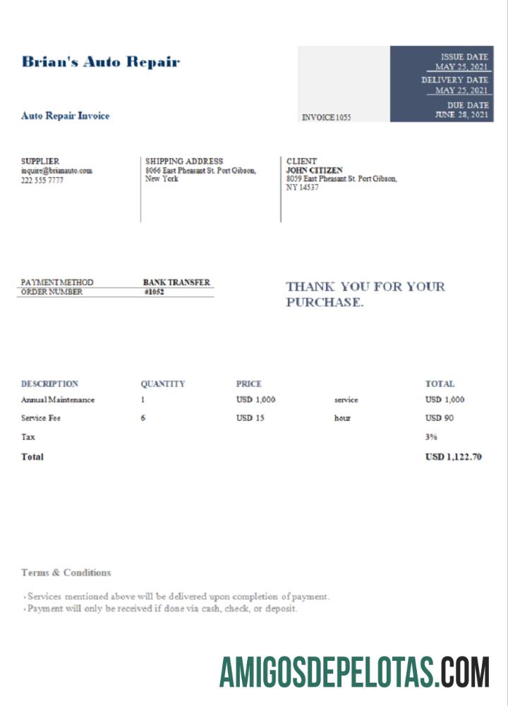 Fatura de conserto de automóveis de Brian nos EUA exemplo real